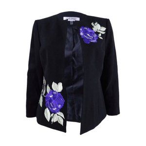 NWT Kasper Black Blazer w/ Embroidered Flowers Open Front